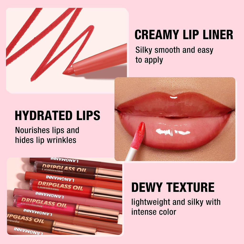 6 Matte Lip Liner With 6 Nourishing Lip Oil Lip Gloss Set, Long-Lasting And Hydrating 2 IN 1 Makeup Set, Beauty Daily