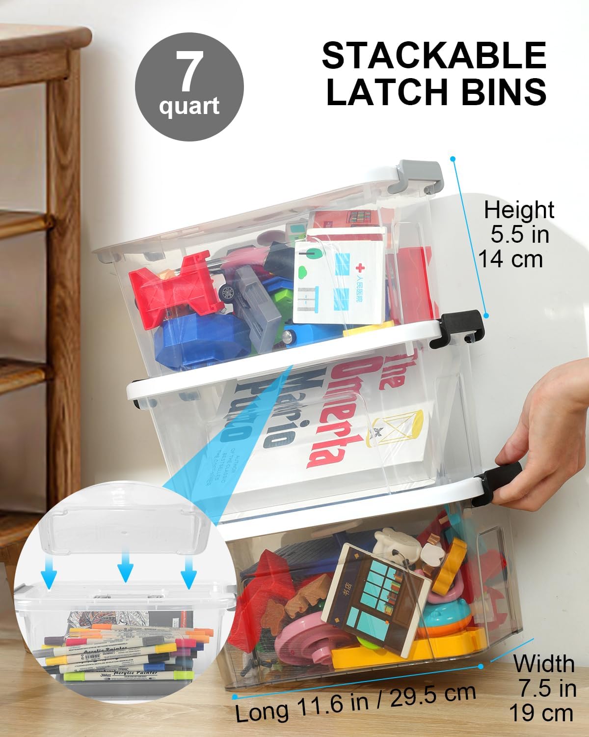 Plastic Storage Bins with Lids 6 Pack Storage Organizer, 7 Quart Stackable Storage Boxes with Buckle Lids and Handle