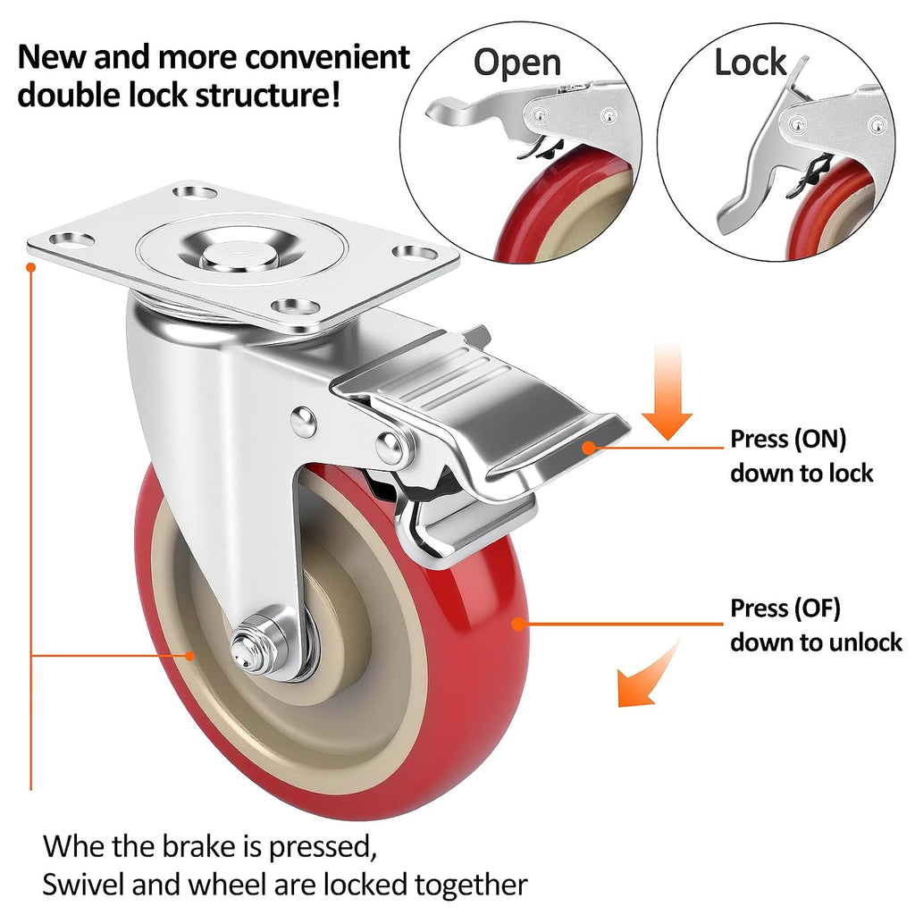 5 Inch Industrial Heavy Duty Swivel Caster Wheels with Brake,Set of 4 Safety Locking Casters,Load 2400lbs,Premium