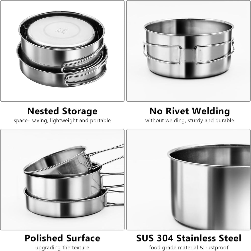 18/8 Stainless Steel Camping Cook Pot Set of 4 pcs | Camping Messware Kit, Backpacking Camping Cookware, Picnic