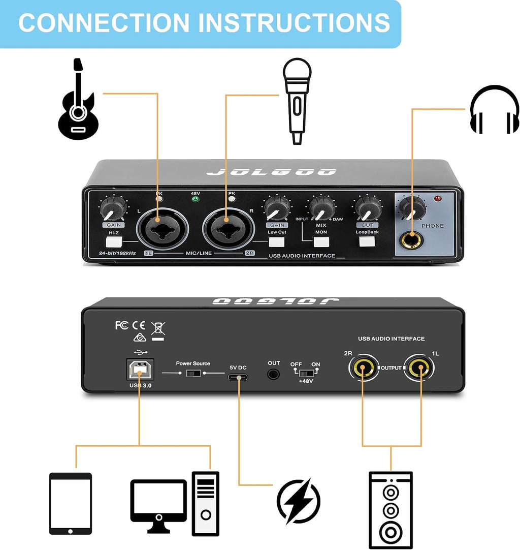 2x2 USB Audio Interface, 24-Bit/192kHz Phantom Power Recording Card | 24-Bit/192kHz Studio Quality, +48V Phantom