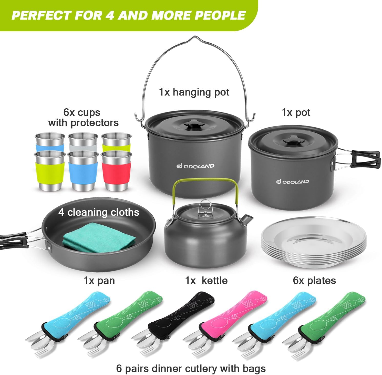 39pcs Camping Cookware Mess Kit, Non-Stick Large Size Hanging Pot Pan Kettle with Base Dinner Cutlery Sets for 6 and