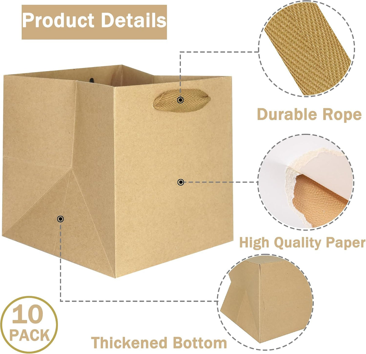 10 Pcs Brown Square Gift Bags 4x4x4 Gift Bags with Handles