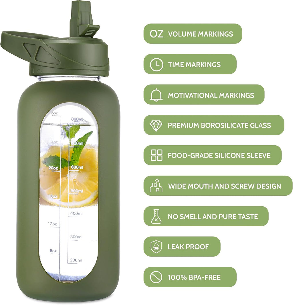 64 oz Glass Water Bottle with Straw and Insulated Bottle Holder | Half Gallon Motivational Water Jug with Time Marker