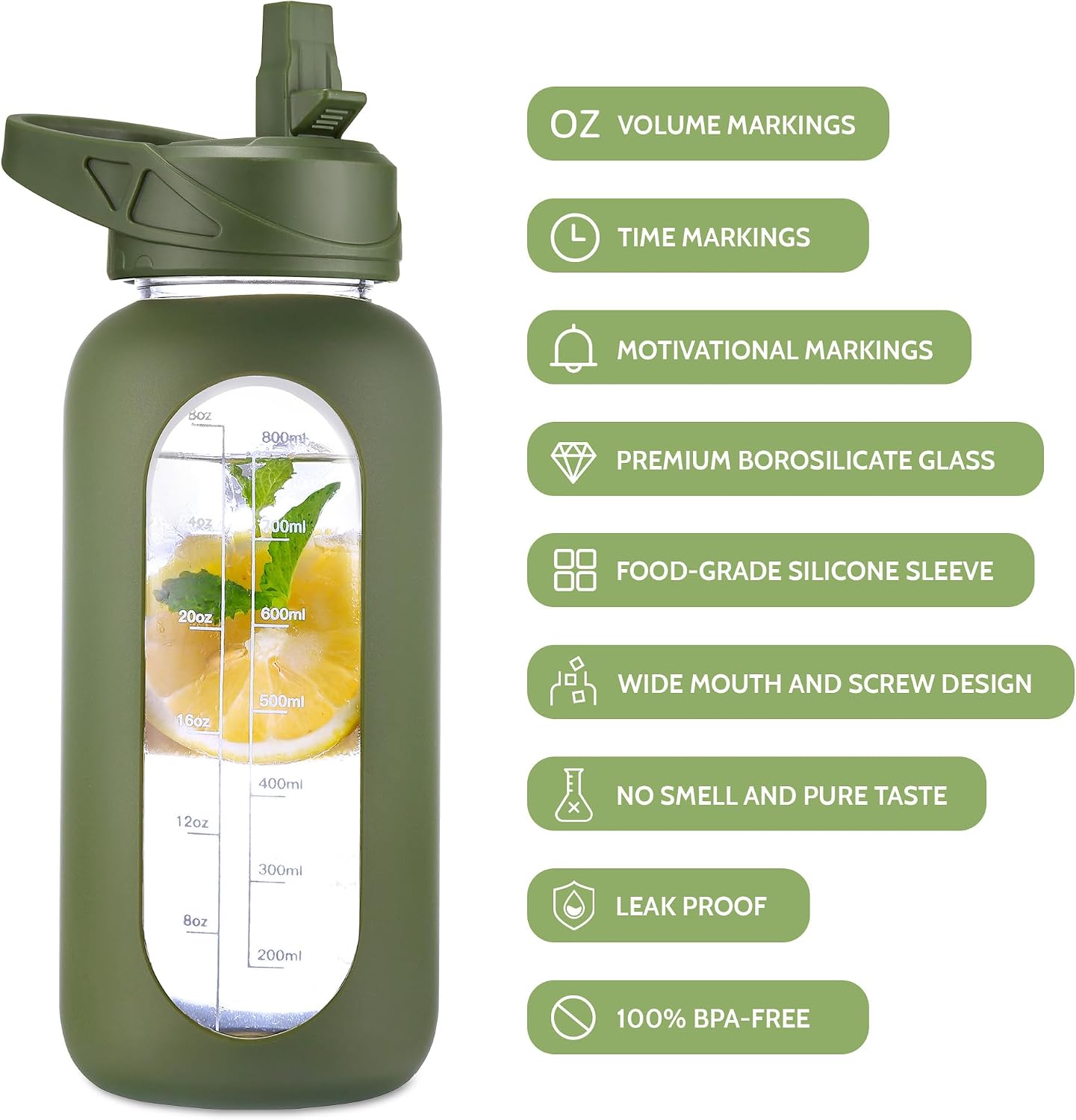 64 oz Glass Water Bottle with Straw and Insulated Bottle Holder | Half Gallon Motivational Water Jug with Time Marker