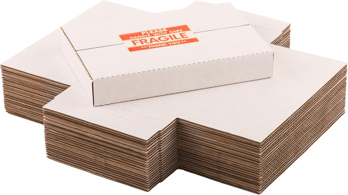 9x6x1.3 inch Shipping Boxes with Fragile Stickers, White, 25-Pack