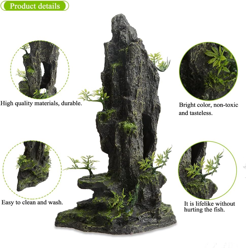 Fish Tank Decorations, 14.4'' Tall Mountain View Stone Aquarium Ornament, Artificial Mountain Hill View Stone Rock