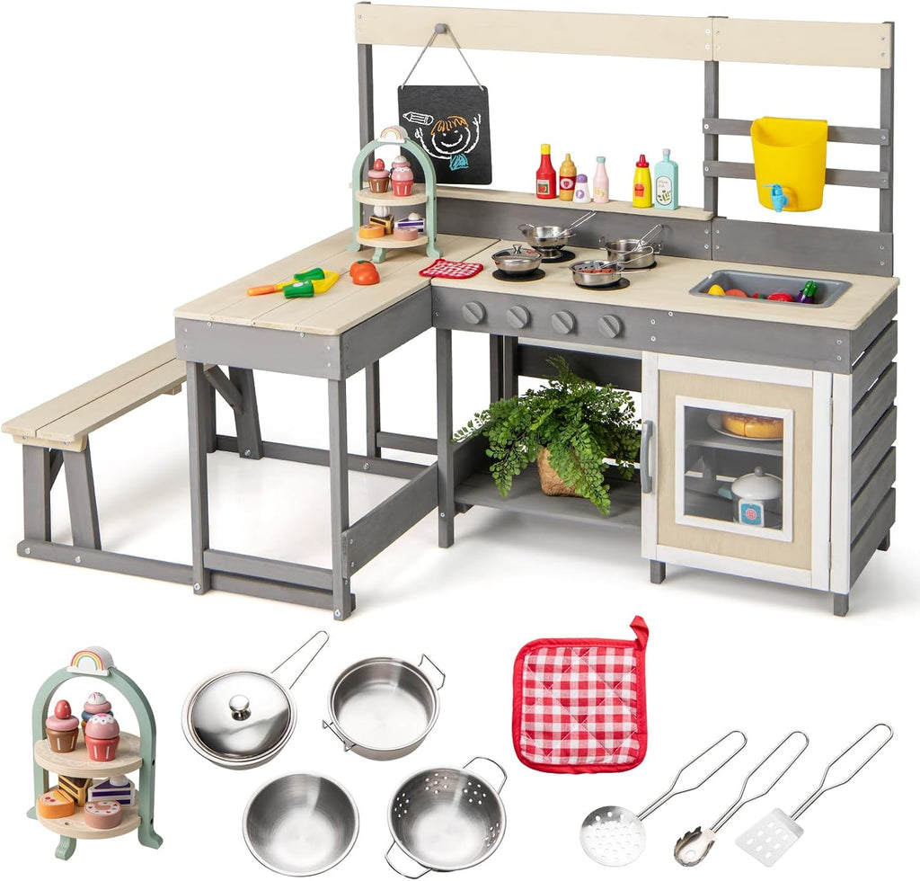 Mud Kitchen, Outdoor Play Kitchen with Faucet Chalkboard Stoves Removable Sink Cooking Accessories Wooden Kids