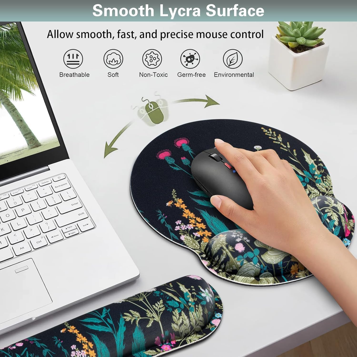 Mouse Pad with Wrist Rest Set, 3-in-1 Wrist Support Mouse Pad Set, Floral | Gaming MousePad with Anti-Skid