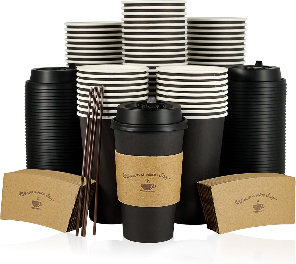 100 Pack 16 oz Coffee Cups with Lids, Disposable Coffee Cups