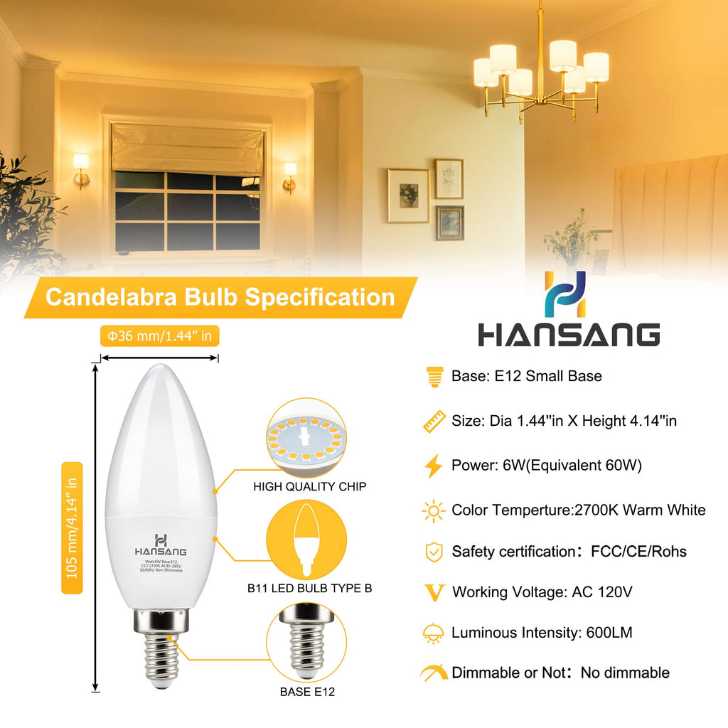 E12 LED Candelabra Light Bulbs 60W Equivalent Warm White 2700K