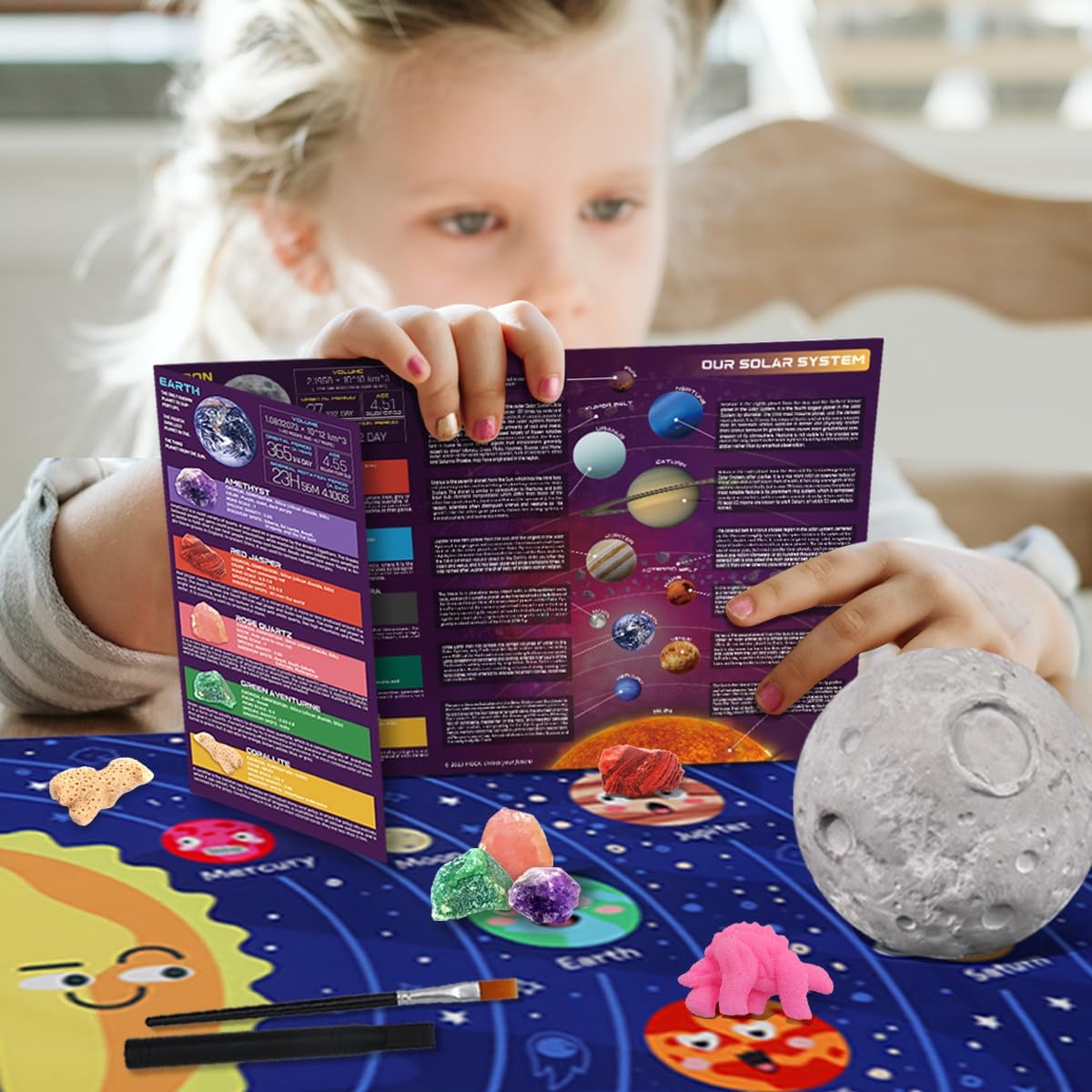 Gemstone Dig Kit, Dig up 15 Rocks & Minerals from Earth Moon Mars, Solar System Planets Geology Science Set, Space