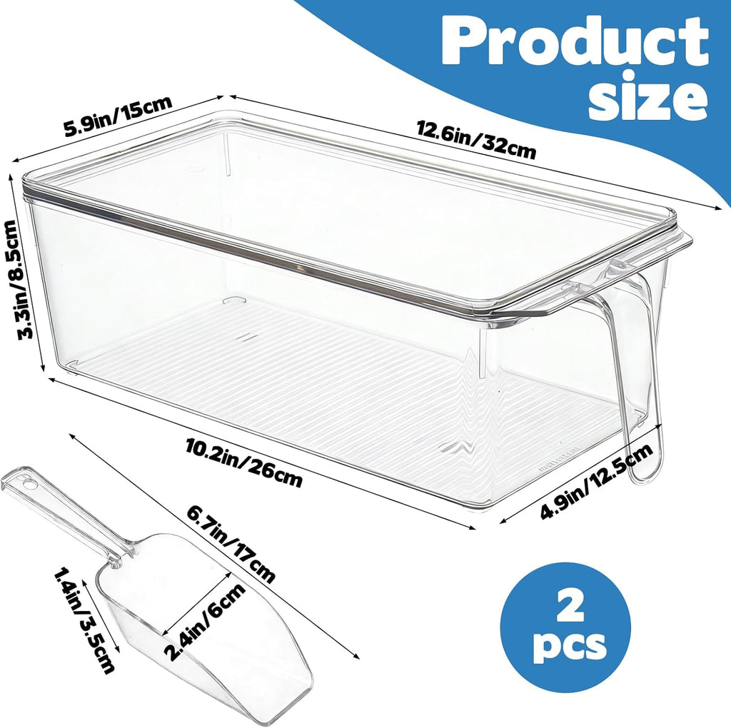 2 Set Ice Bin for Freezer with Lid and 2 Scoop Set Plastic Freezer Ice Bin with Pull-Out Handle Clear Storage Bucket