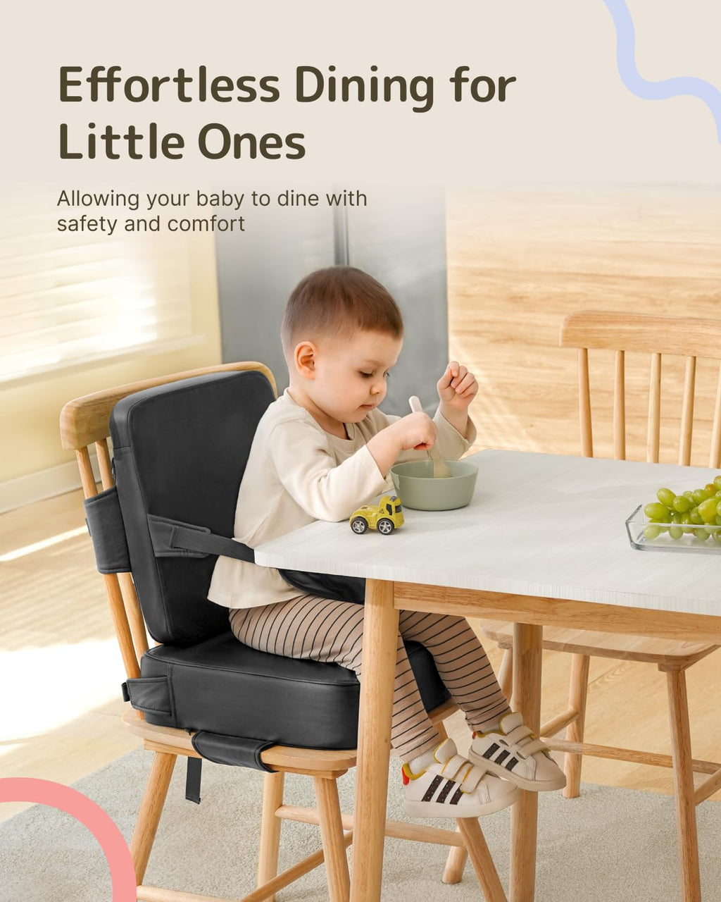 Booster Seat for Kitchen Chair, Breathable Toddler Booster Seat for Dining Table with Backrest and Adjustable Straps