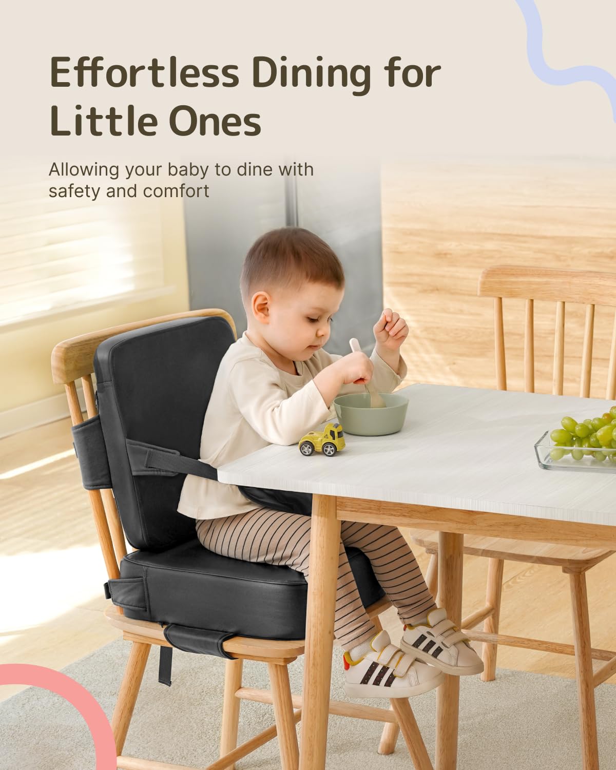 Booster Seat for Kitchen Chair, Breathable Toddler Booster Seat for Dining Table with Backrest and Adjustable Straps
