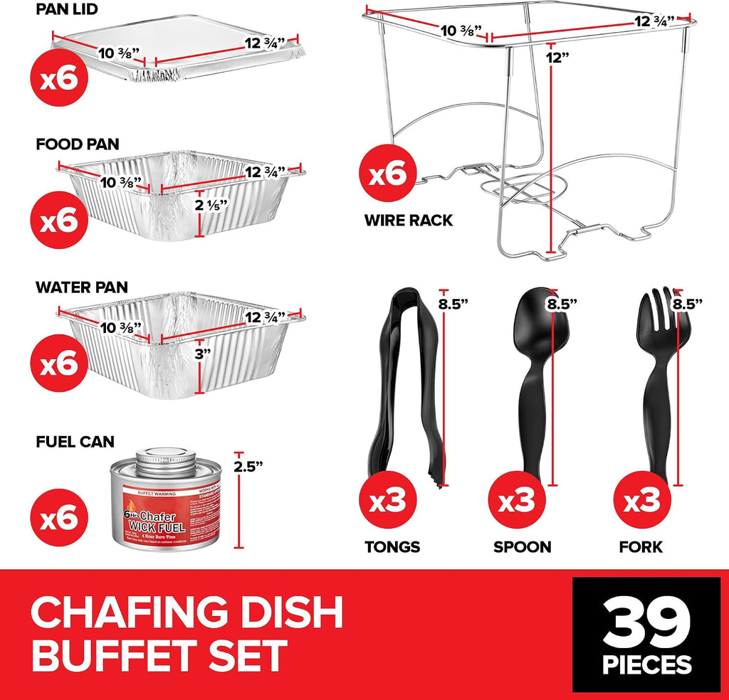 Complete Chafing Dish Buffet Set (39pc) Disposable Catering Supplies- Includes Serving Utensils, 6hr Fuel cans, 6