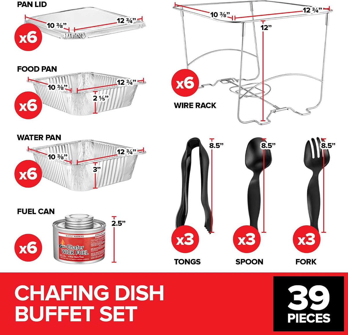 Complete Chafing Dish Buffet Set (39pc) Disposable Catering Supplies- Includes Serving Utensils, 6hr Fuel cans, 6
