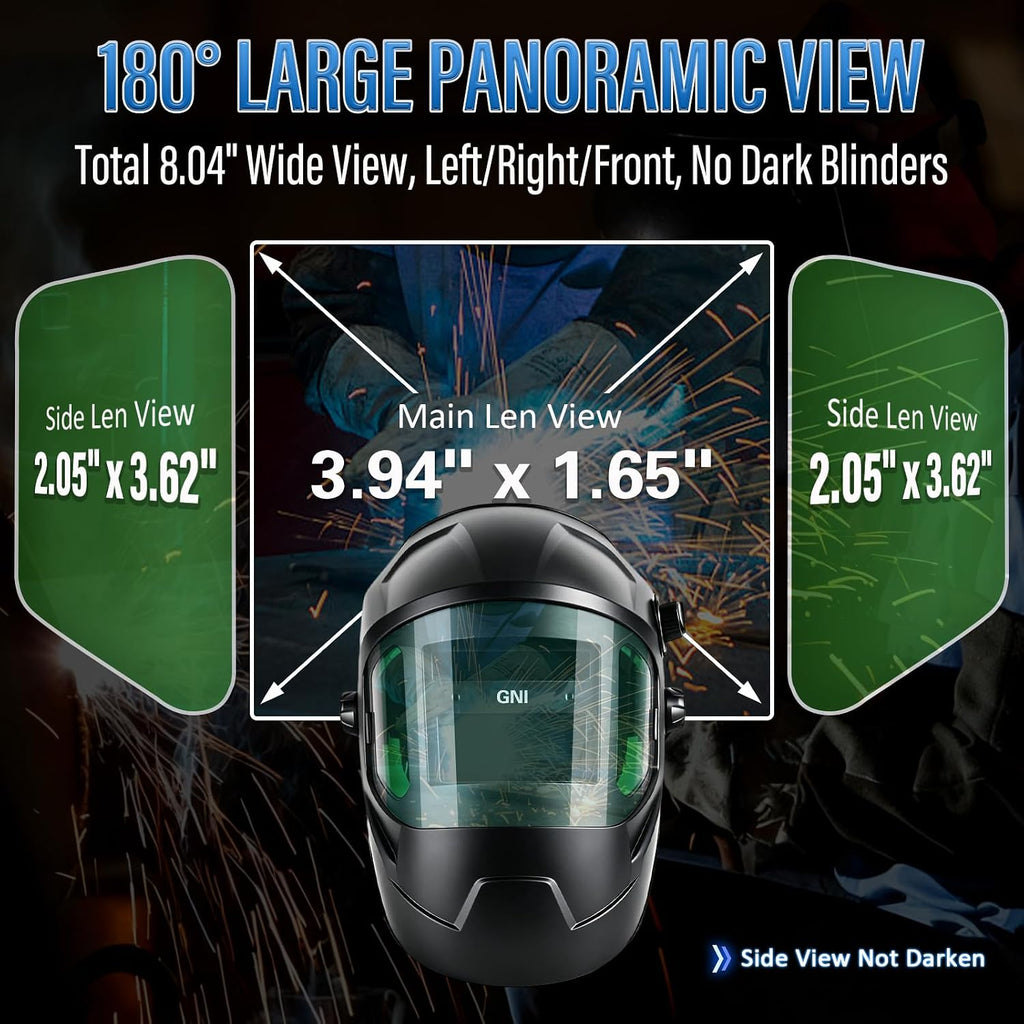 180° Panoramic Welding Helmet Auto-Darkening, Solar Powered Weld Helmet | 1/1/1/1 True Color Welding Shield with 2