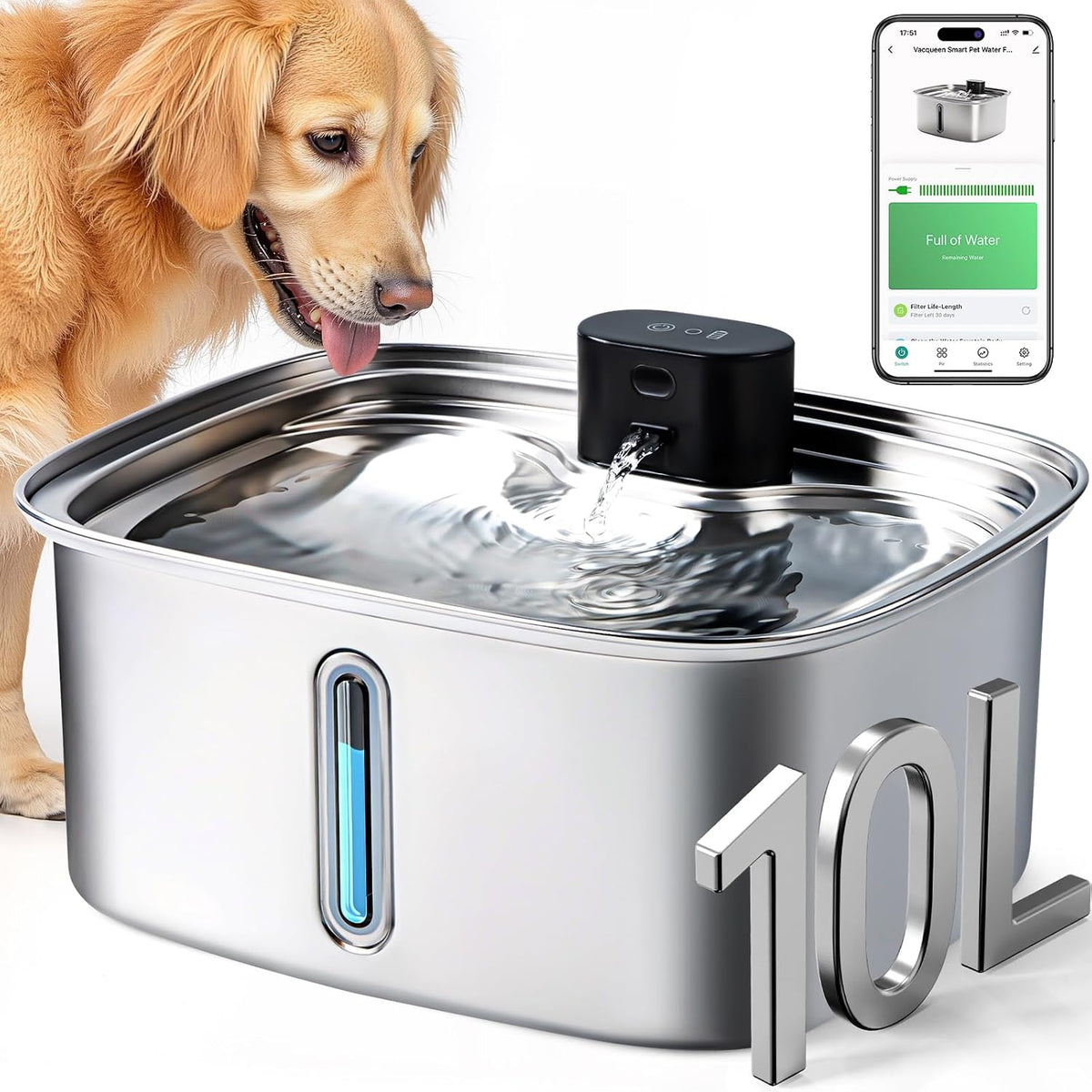 Smart Dog Water Bowl Dispenser Large, 10L/ 2.64Gal Cordless Dog Water Fountain Stainless Steel with APP Monitoring