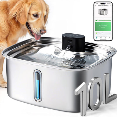 Smart Dog Water Bowl Dispenser Large, 10L/ 2.64Gal Cordless Dog Water Fountain Stainless Steel with APP Monitoring