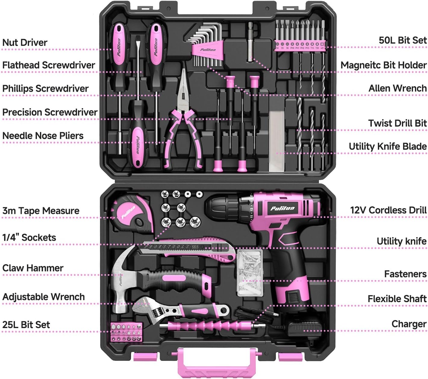 Drill Set, 149-Piece Home Tool Set with 12V Pink Cordless Drill, Tool Box, Hand Tool Kits for Women & Men and DIY