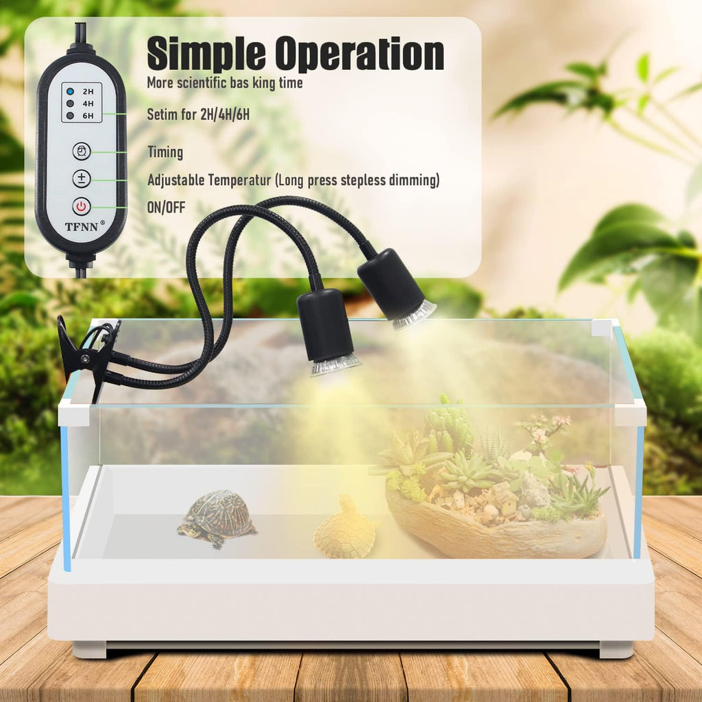 Reptile Heat Lamp, Double-Head Heat Lamp with Clamp, UVA UVB Reptile Light with Intelligent Cycle Timer for Turtle