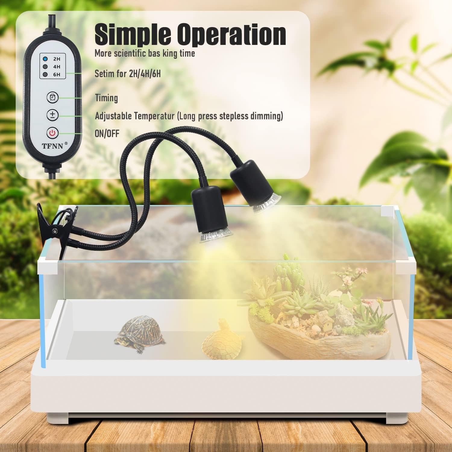 Reptile Heat Lamp, Double-Head Heat Lamp with Clamp, UVA UVB Reptile Light with Intelligent Cycle Timer for Turtle