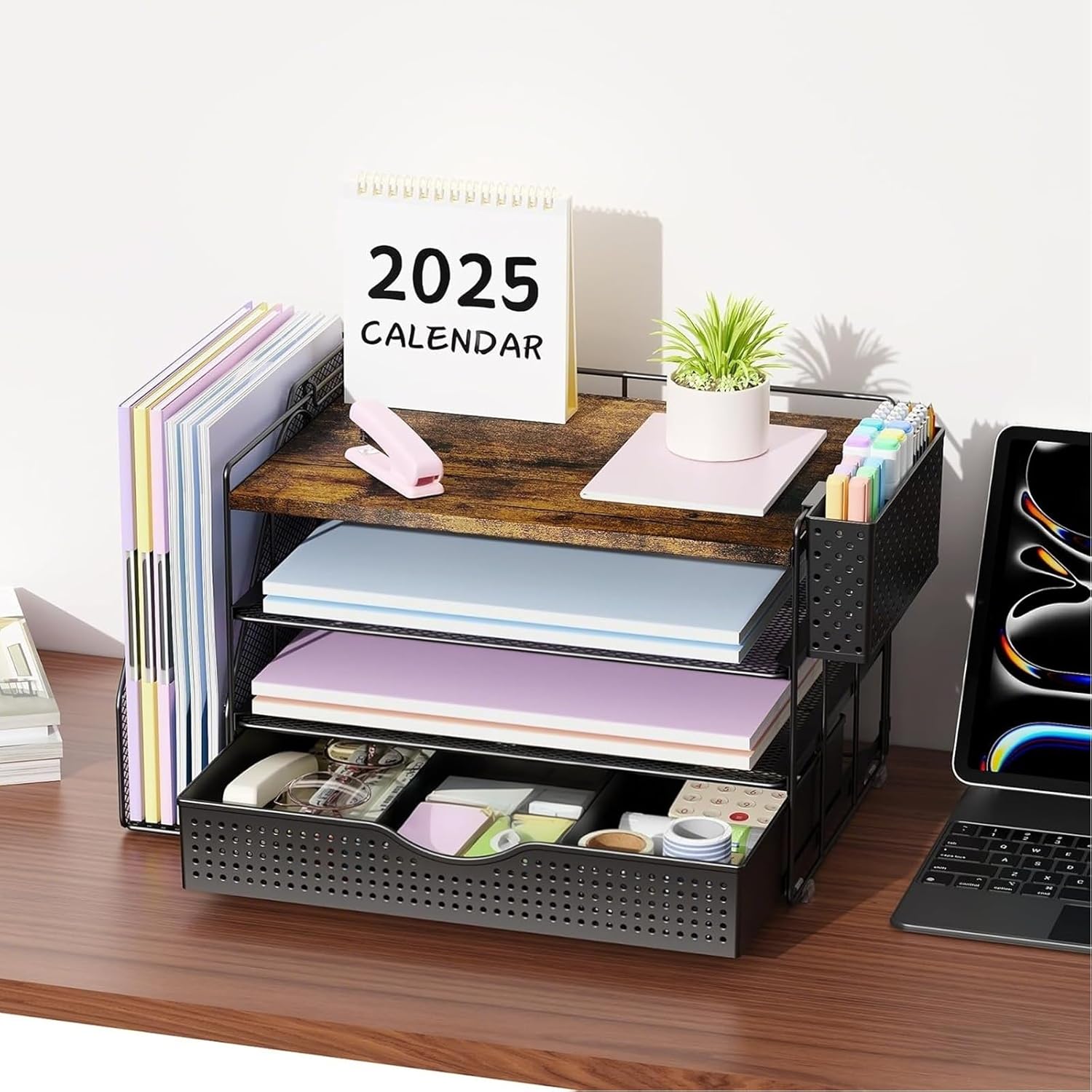 Wood Desk Organizers and Accessories with File Sorters, 4-Tier Desk Accessories & Workspace Organizers with Drawer