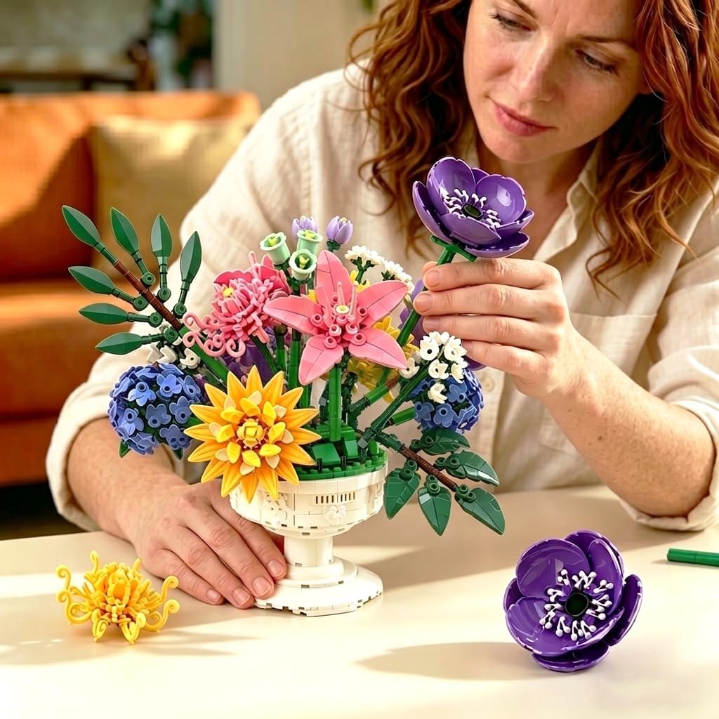 Xbert 1081Pcs Botanicals Flower Bouquet Building Block Sets, Includes Hydrangea, Dahlia, Azalea, Artificial Flowers