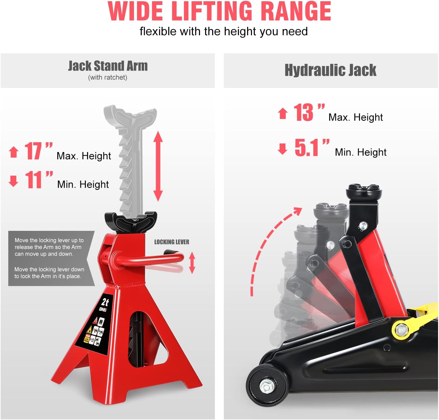2 Ton Car Jack and Stands Kit Red/Black | 2T(4000 lbs) Capacity Low Profile Hydraulic Trolley Service/Floor Jack
