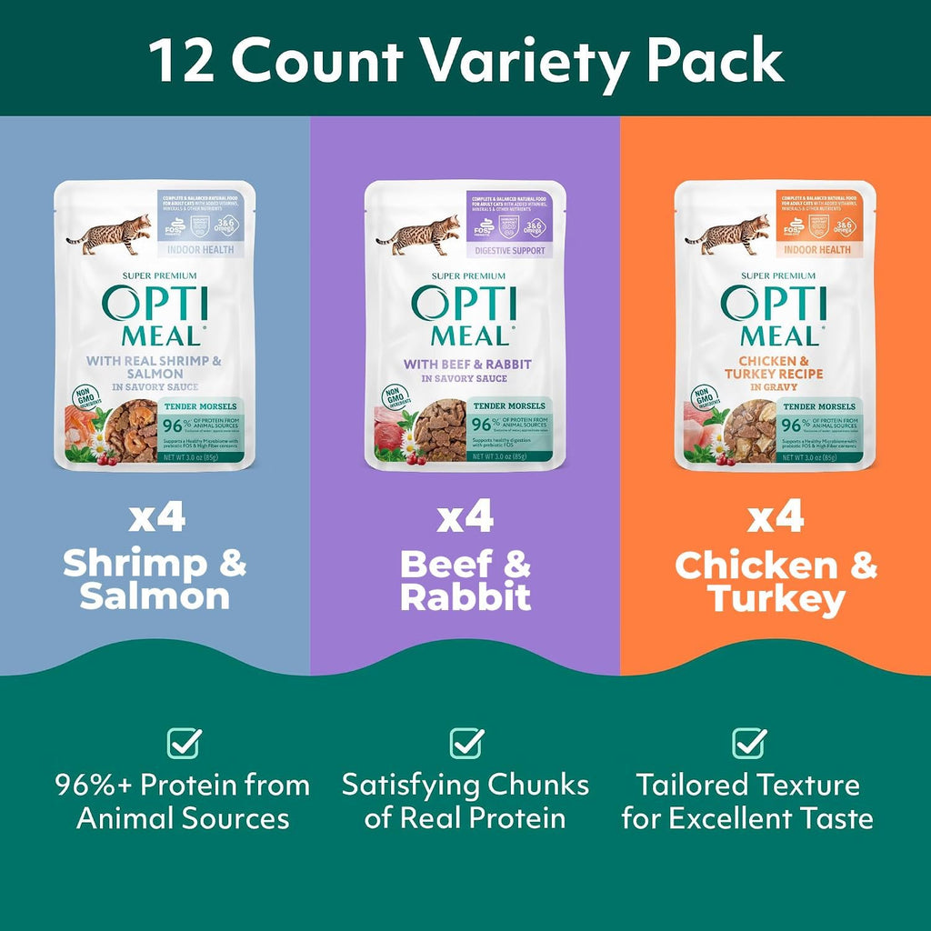 Wet Cat Food Variety Pack in Gravy, Grain Free Tender Morsels, 3oz, 12 Pchs