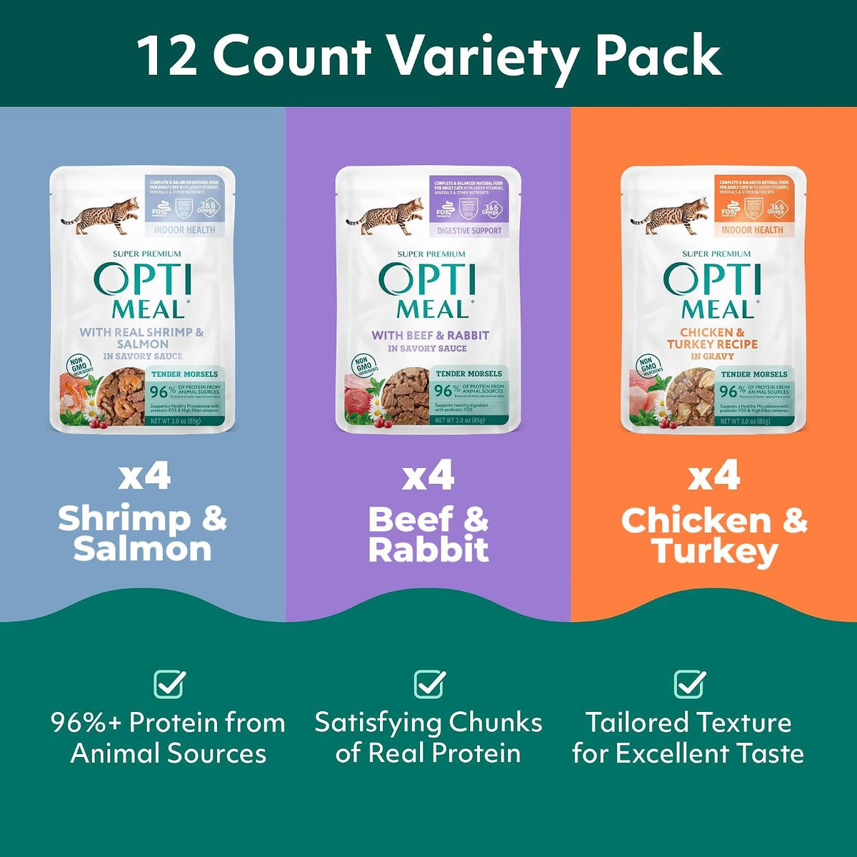 Wet Cat Food Variety Pack in Gravy, Grain Free Tender Morsels, 3oz, 12 Pchs
