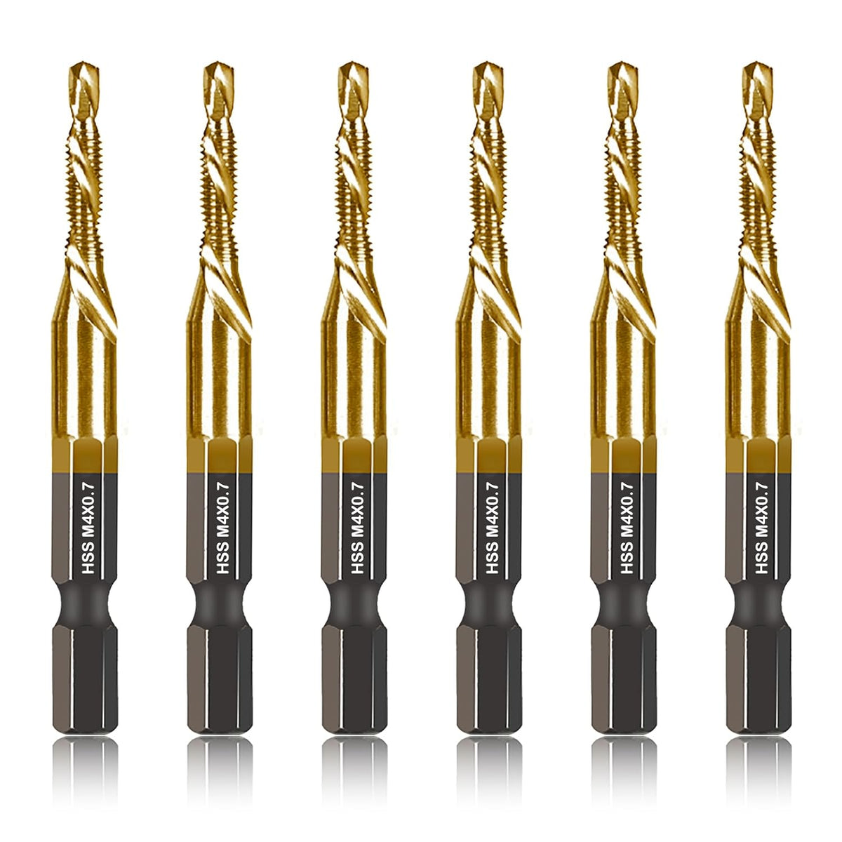DKIBBITH 6-pc Metric M4 Combination Drill Tap Bit Set, M4*0.7 Thread Size, Titanium Coated High-Speed Steel, Ideal for Drilling and Threading in Soft Metal Wood and Plastic,1/4" Hex Shank