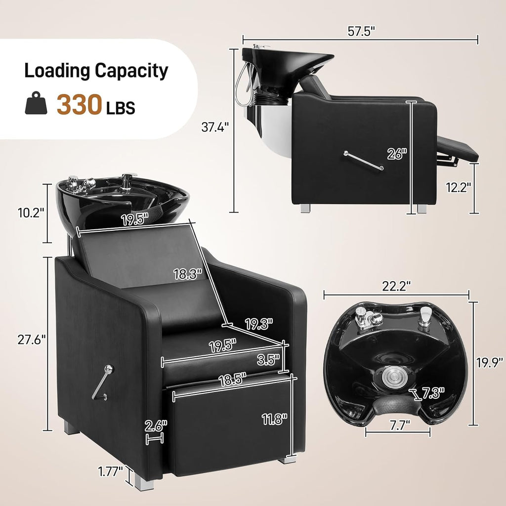 Shampoo Backwash Barber Chair for Barber Shop, Black | Ceramic Hair Wash Bowl Sink, Adjustable Leg Baffle, Reclining