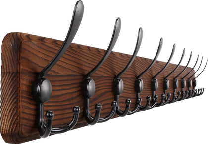 Rustic 38.6" Large Coat Rack Wall Mount, Long Wood Coat Hooks with 10 Triple Hooks, Heavy Duty Wooden Coat Hanger