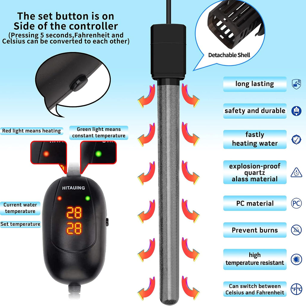Aquarium Heater, 50W/100W/200W/300W/500W Submersible Fish Tank Heater with Over-Temperature Protection and Automatic