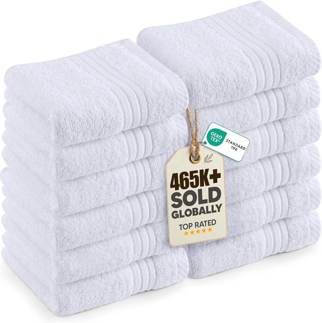 12 Pack Premium Wash Cloths, 12x12 in, 100% Cotton, White | Highly Absorbent Soft Feel Lightweight Washcloths