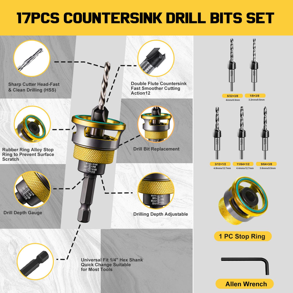 17PCS Countersink Drill Bits with Box,5pcs 2 Flute TCT Alloy Tapered Bits