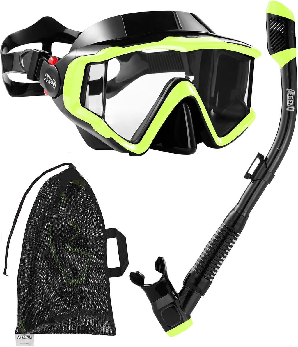 Snorkeling Gear for Adult Kid - Anti-Fog Mask with Top Dry Valve | Panoramic View Anti-Leak Snorkel Set with Travel