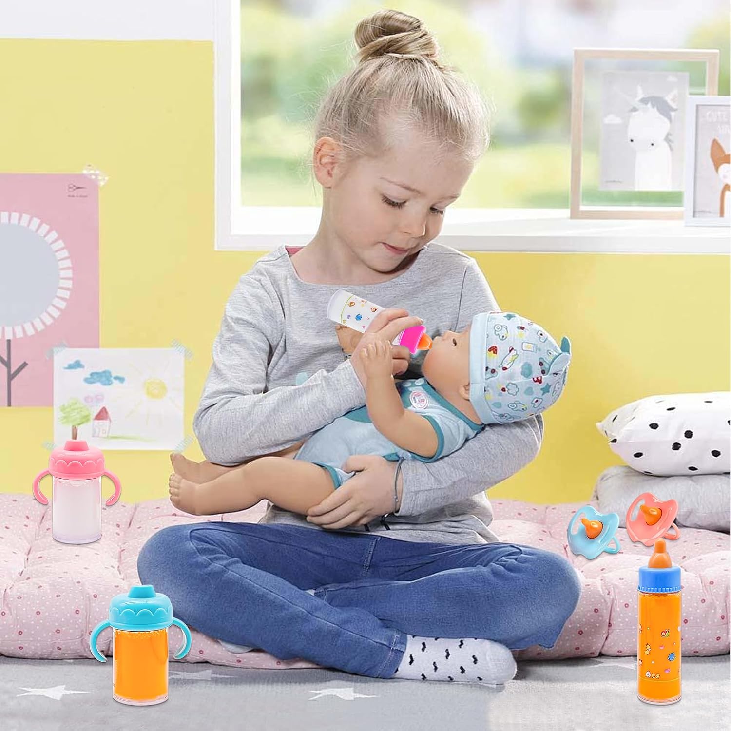 15 PCS Baby Doll Accessories Magic Bottle Set,Pretend Play Feeding Toys,Doll Feeding Set with Package for
