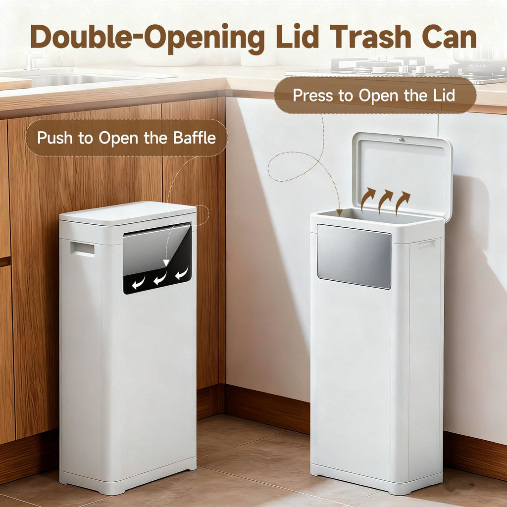 Tall Bathroom Trash Can with Lid, Skinny Commercial Trash Bin with Handle, Space Saving 8 Gallon Plastic Garbage Can
