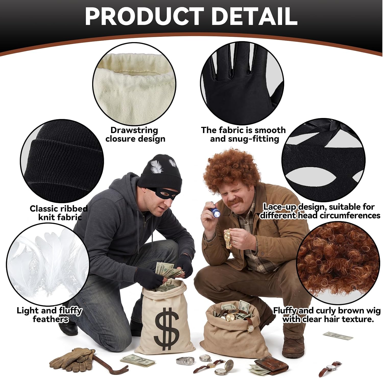 Robber Costume Accessory Halloween 7Pcs Bank Thief Money Bag Hat Wig | Money Bag, Bat Eye Mask, Beanie Hat, Gloves