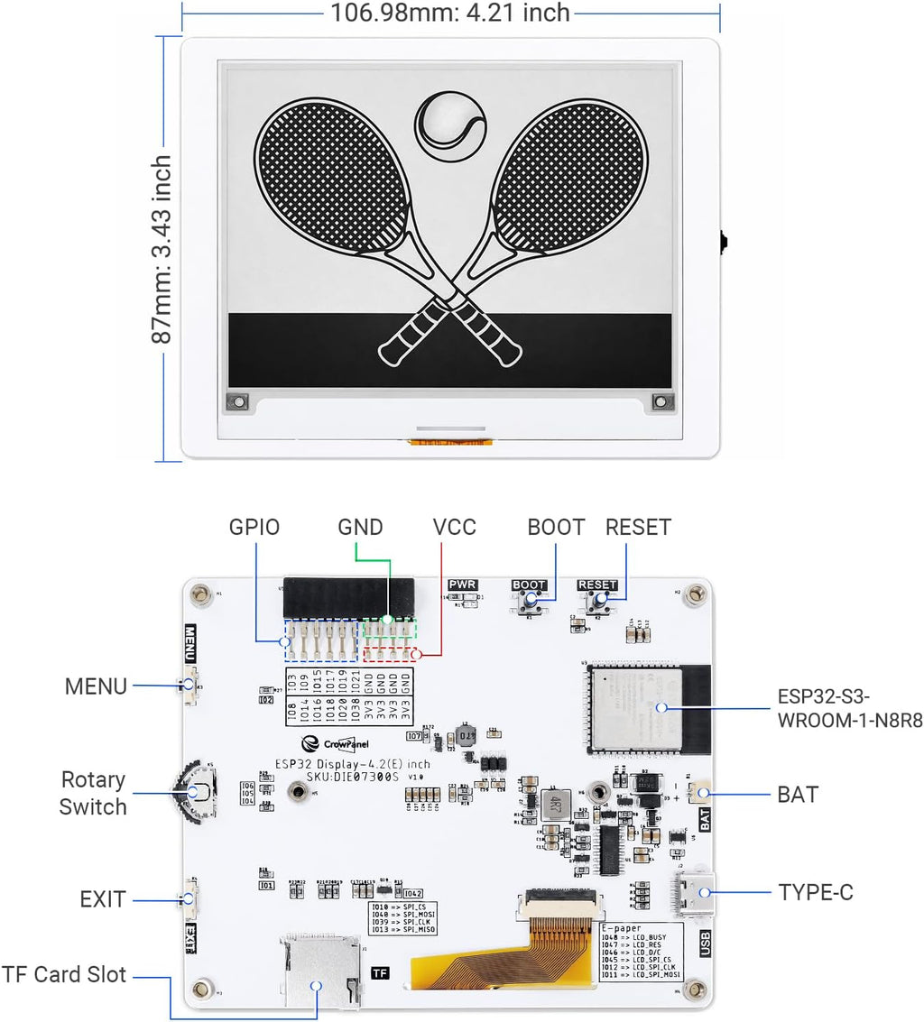 ELECROW ESP32 E-Ink Display 4.2 Inch E-Paper HMI Display Black/White Color