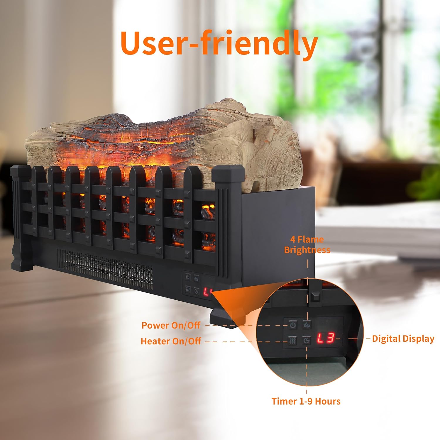 21" Electric Fireplace Log Set, Fireplace Insert with Realistic Flame, Adjustable Flame Brightness, Thermostat, 9H