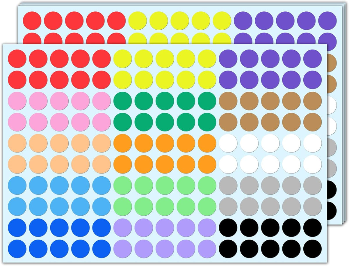 6000 Pieces, 1/2" - Colored Dot Stickers, Round Labels - 15 Colors
