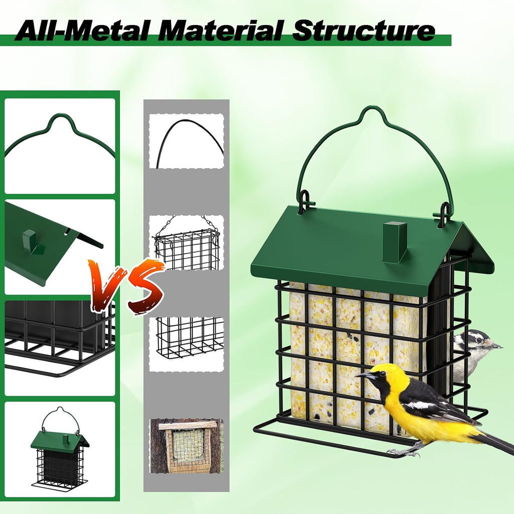 All-Metal Double Suet Bird Feeder for Outdoors Hanging, Green Roof