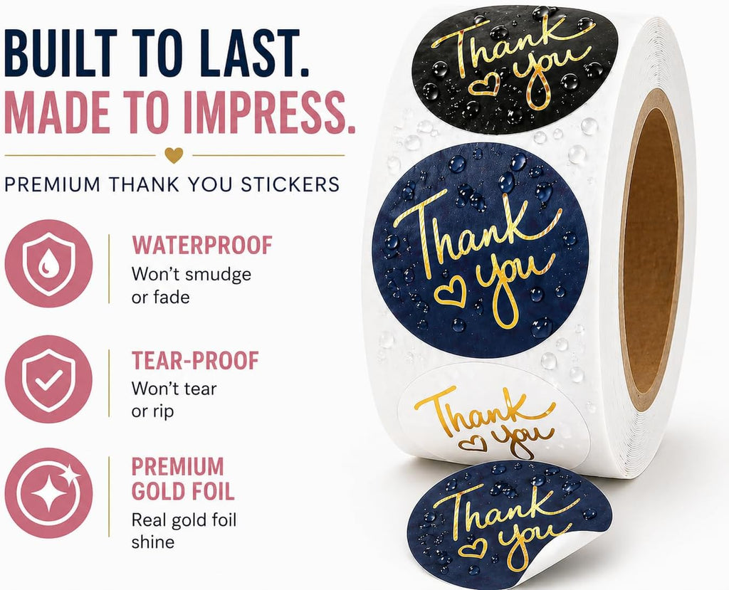 500 2 Inch Thank You Stickers, 1 Roll, Gold Foil Heart, Black White Pink