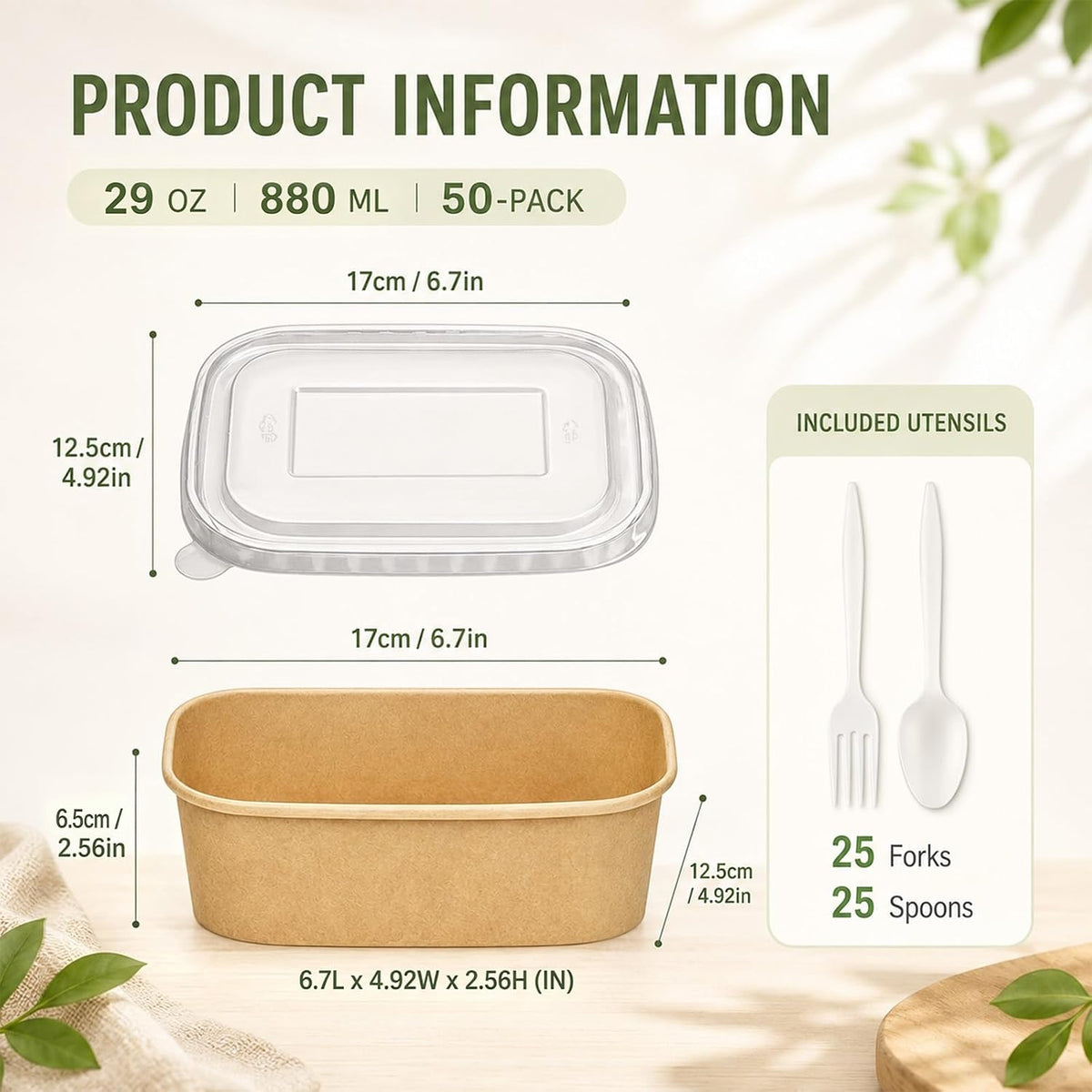 50 Pack 29 OZ Brown Meal Prep Containers with Lids【with Spoons and Forks】, Disposable Kraft Paper Bowls, Microwave