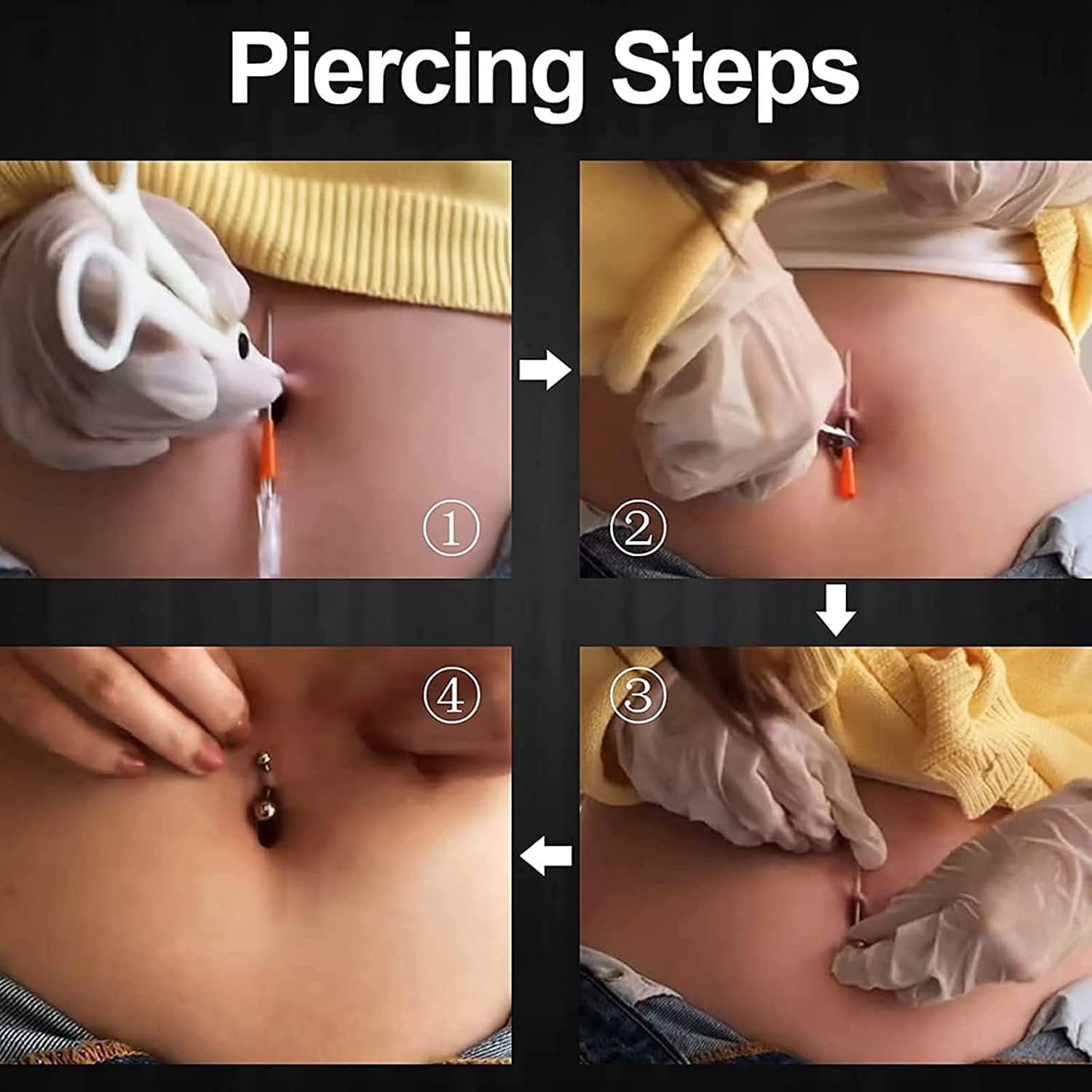Piercing Kit - 14PCS Includeds 5PCS Mixed 16G Catheter Piercing 2PCS Piercing Clamps 5Pcs Clean Tools 2 Gloves Belly