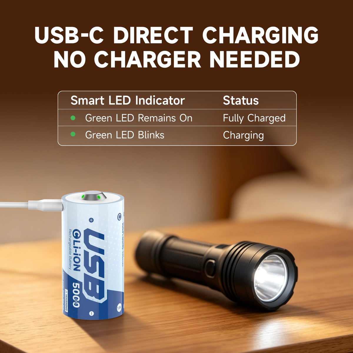 8 Pack 5000mWh Rechargeable Lithium C Batteries, with USB-C Cable